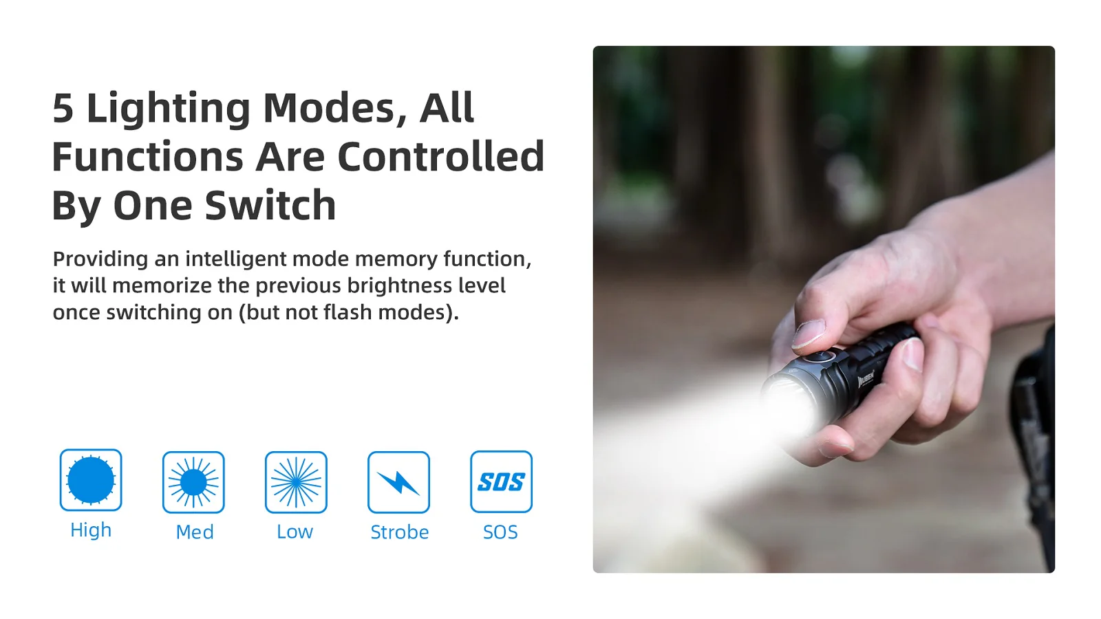 5 Lighting Modes, AllFunctions Are ControlledBy One Switch